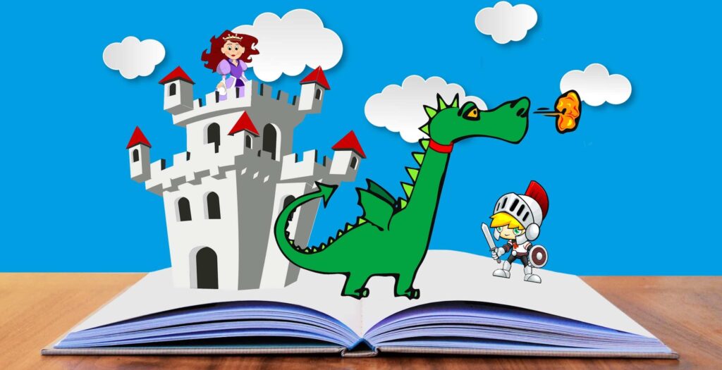 Cartoon of a fire breathing dragon and castle with a princess on top and knight popping up from a white book with blue sky and clouds in the background