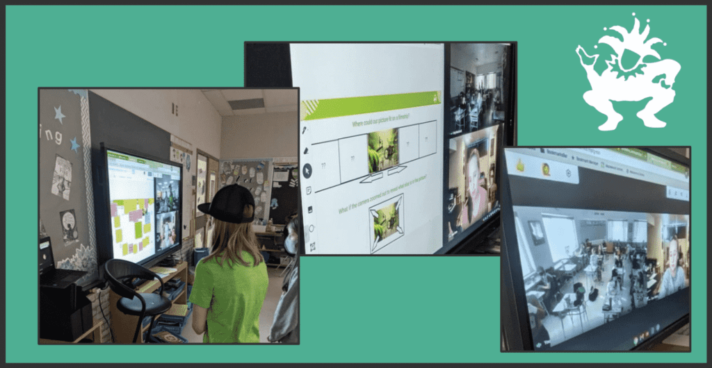 screenshots of student in class by the smart board showing the online Trickster storytelling program