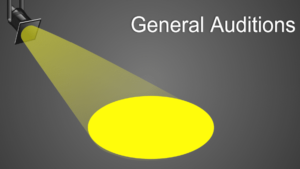 Yellow spotlight on dark grey background with the text General Auditions