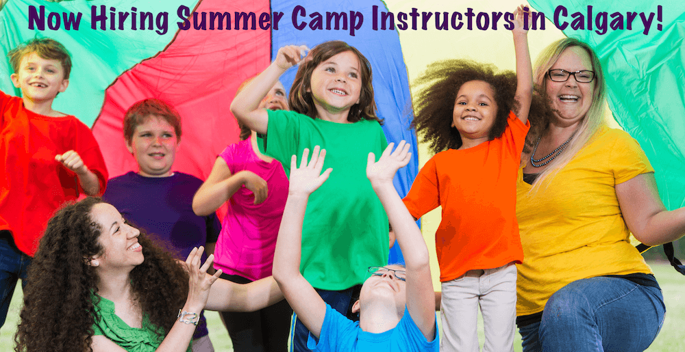 Text: Now Hiring Summer Camp Instructors in Calgary! Children in multi-coloured shirts post and dance in celebration