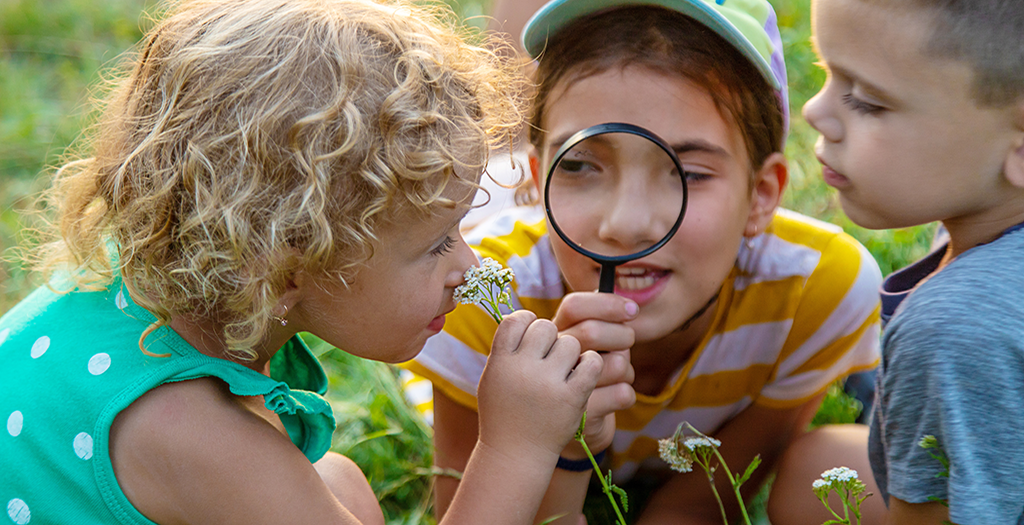 Three children lie in grass in sunny day. The child in the middle holds a magnifying glass to a flower held by another child