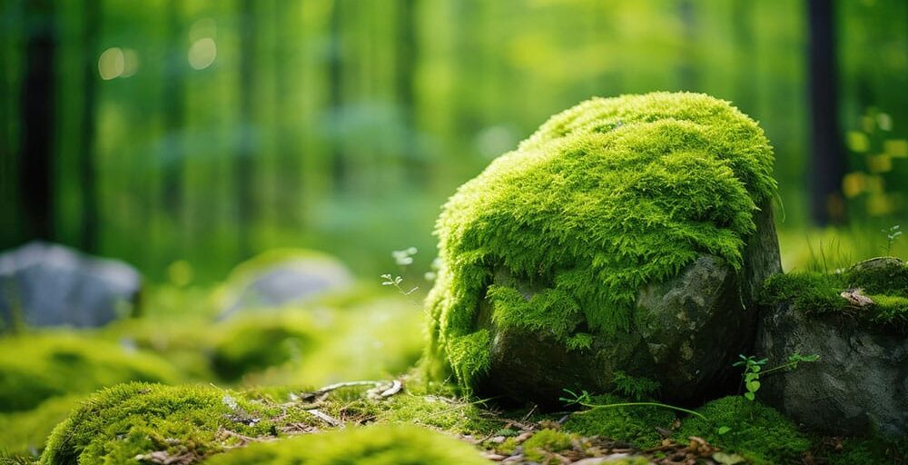 Stones covered with green moss on blurry forest floor.