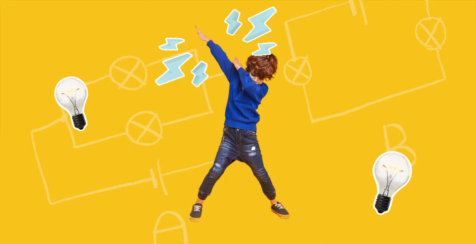 Boy in blue long sleeve shirt jumps up in the air. Lightbulb and glass shards float in the yellow background.