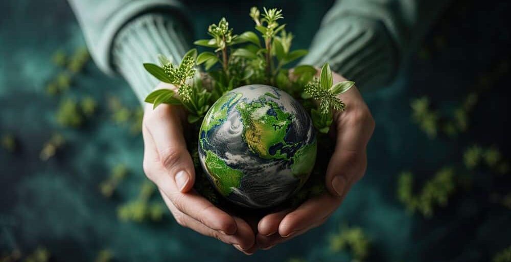 Person holds the Earth in their hands with plants/greenery growing from the globe. Science accessibility