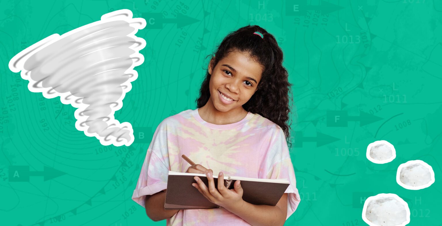 girl draws in a book and smiles. Grey hurricane to her left side and three clouds to her other side