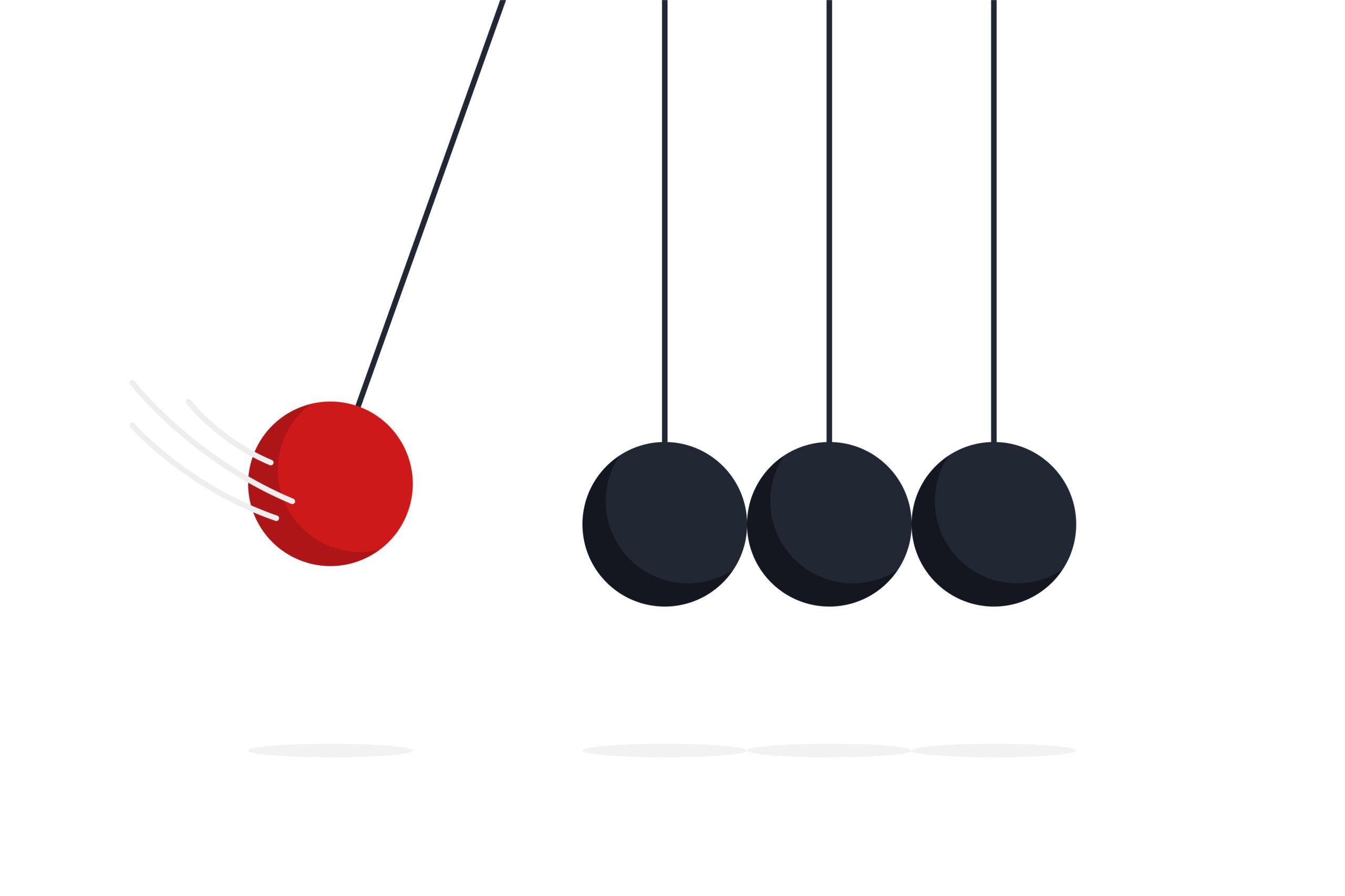 Newton cradle. Vector islated illustration. Spheres hanging on threads and hitting other. One is red and about to hit the other black spheres.