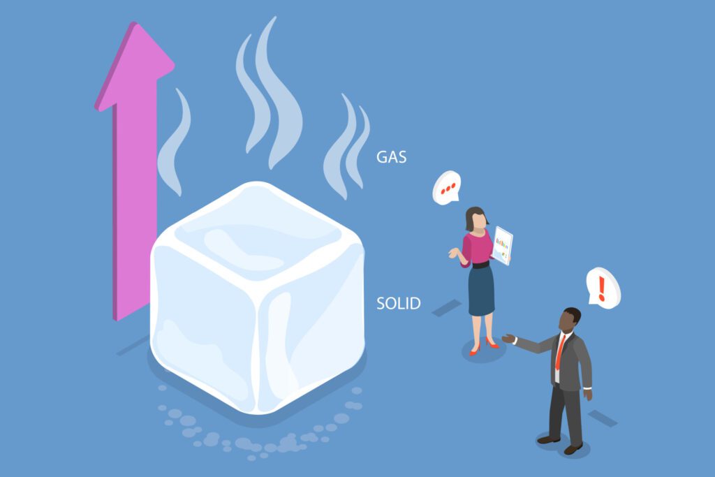 3D Isometric Flat Vector Conceptual Illustration of Solid to Gas Phase Transformation, Sublimation Process. Three people stand and point at the large ice cube with a pink arrow indicating condensation