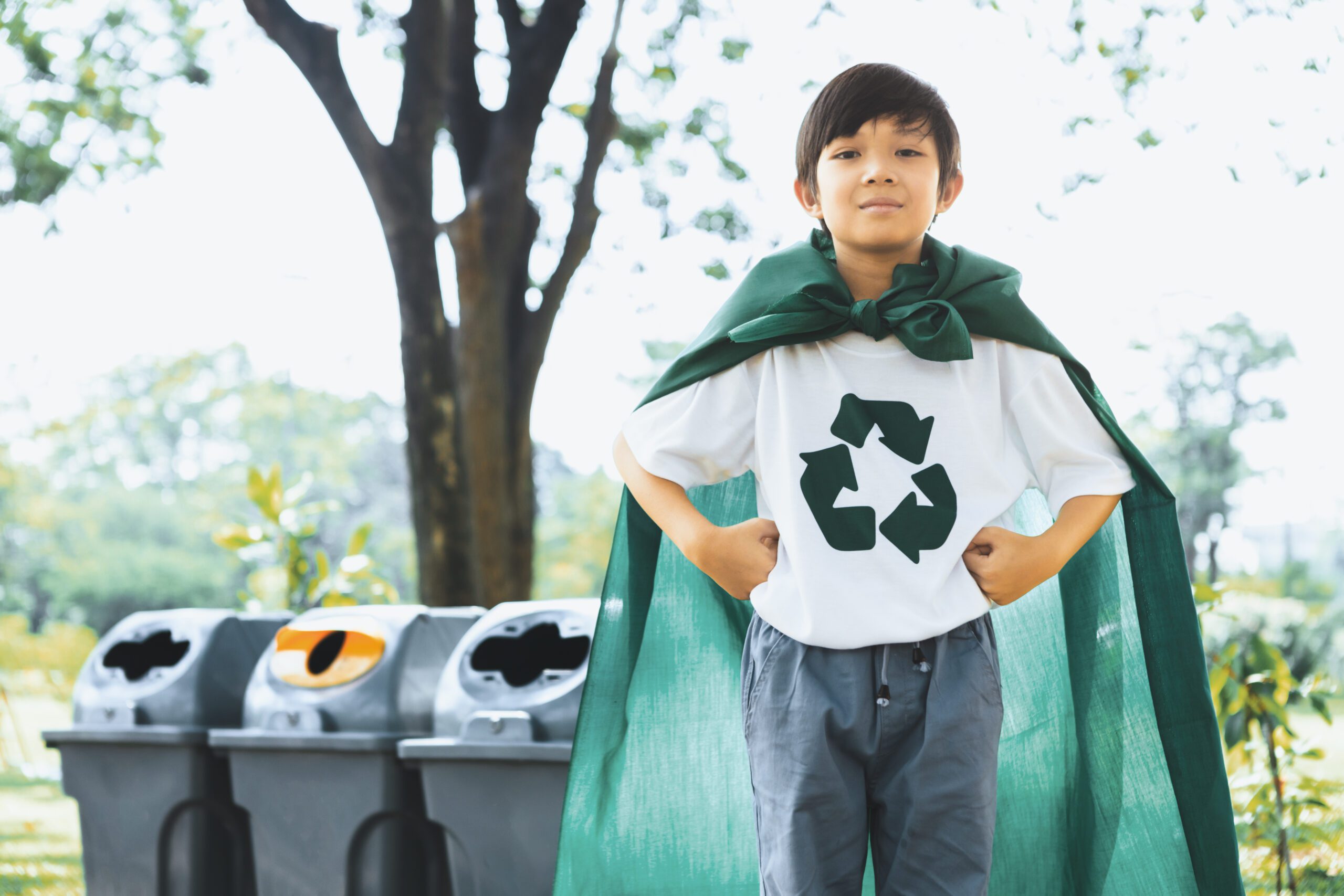 Brave young superhero boy with cape and recycle symbol promoting waste recycle, reduce, and reuse encouragement as beacon of eco sustainable awareness for future generation.