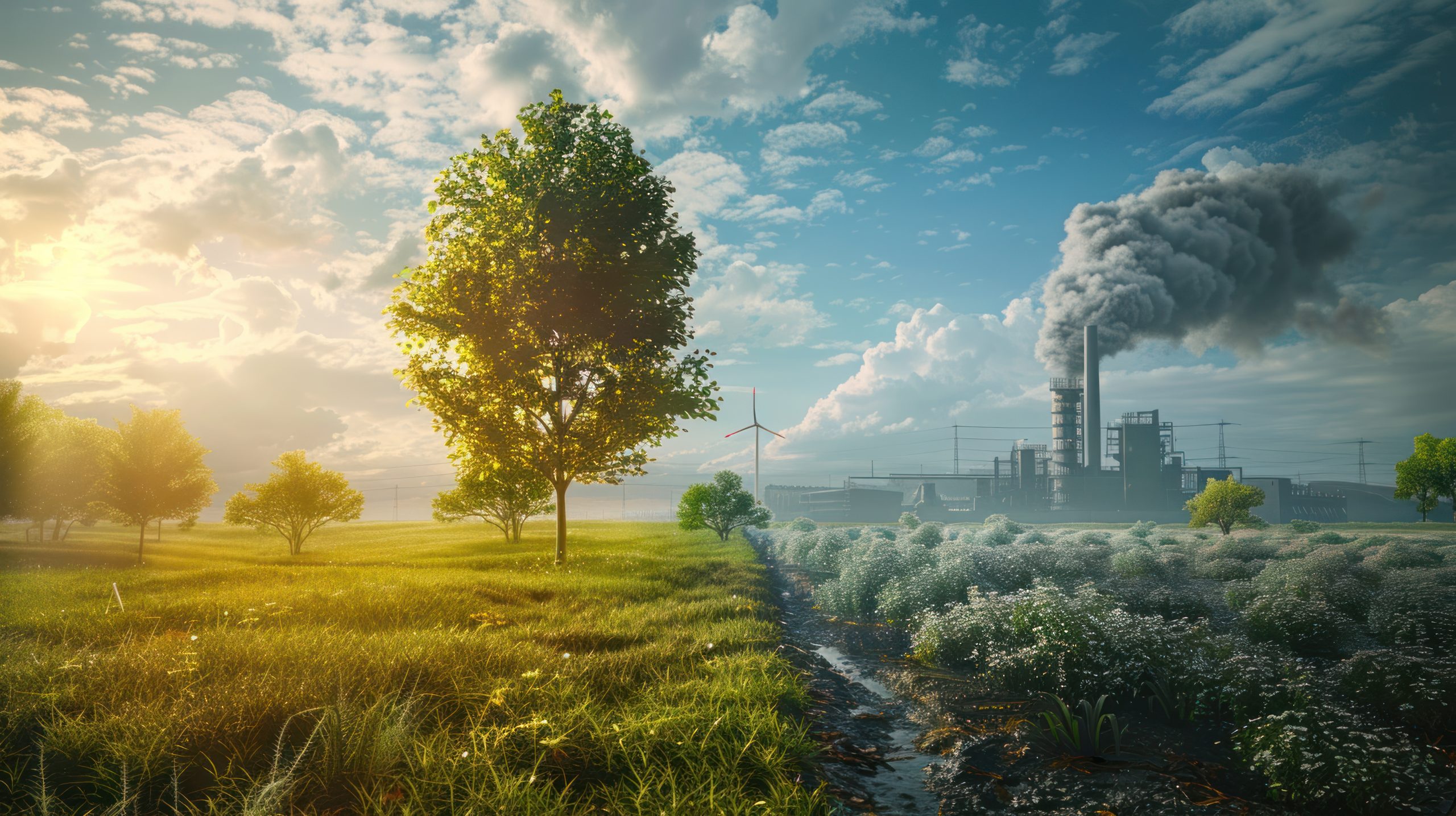 An illustration illustrating a green tree and meadow with clear air in comparison to a factory emitting pollution and its impact on climate change.