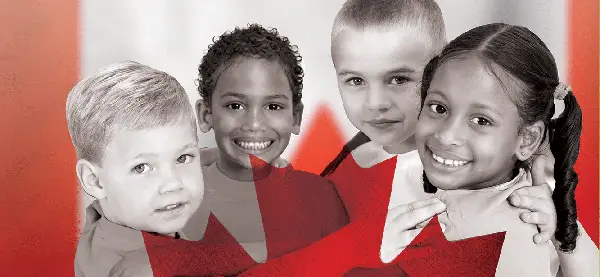 Four small children smiling at camera. Red maple leaf in the middle and red borders on the side