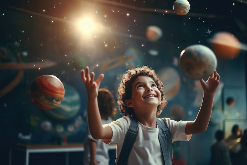 Little boy playing with planet in galaxy. dream of astronaut.