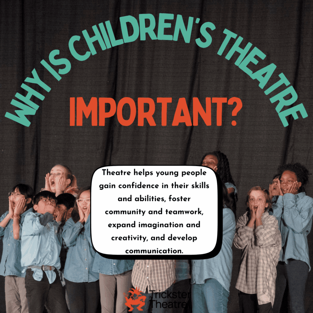 children in blue denim long sleeve shirts stand in front of a grey stage curtain. Why is Children's Theatre important in green and red colour with a text bubble in the middle